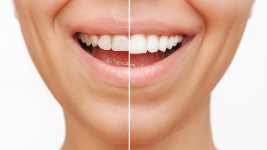 lower portion of female's face showing worn jagged teeth the the left of the shot, and straight-perfect white teeth to the right - which can be achieved from various treatment options at Wentworth Clinic.