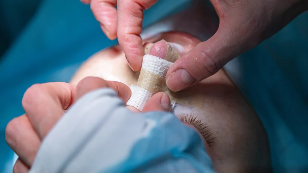 close-up of overhead view of patients head and face showing surgeons hands applying post surgery dressing to nose.