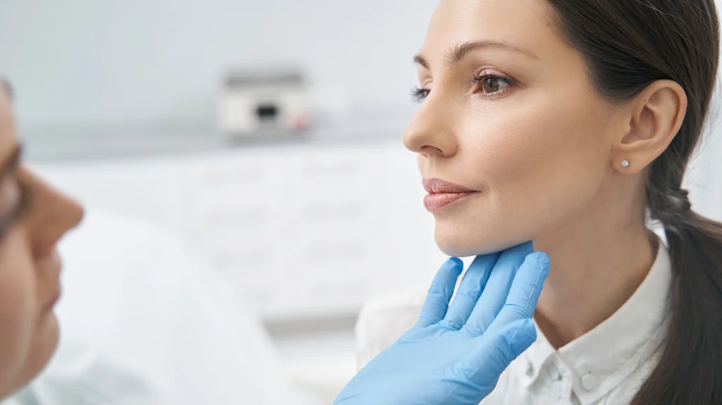 surgeon assessing healing progress of female patient following genioplasty procedure